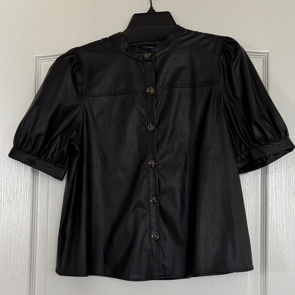 Who What Wear Black Faux Leather Top with Gold Buttons